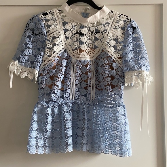 Self Portrait Blue and White Lace Peplum Top - Picture 1 of 11